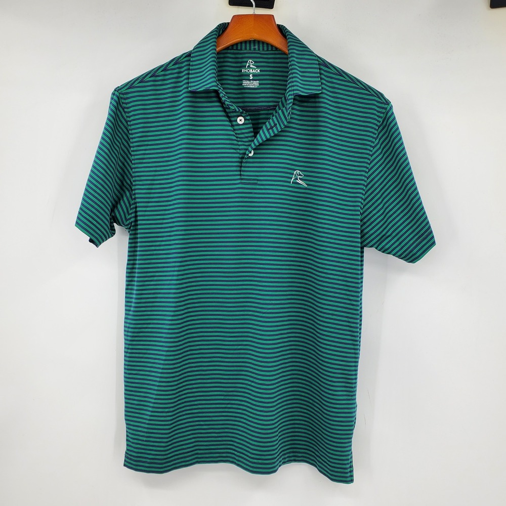 Rhoback Mens Small Green Navy Blue Striped Performance Polo Shirt Short Sleeve